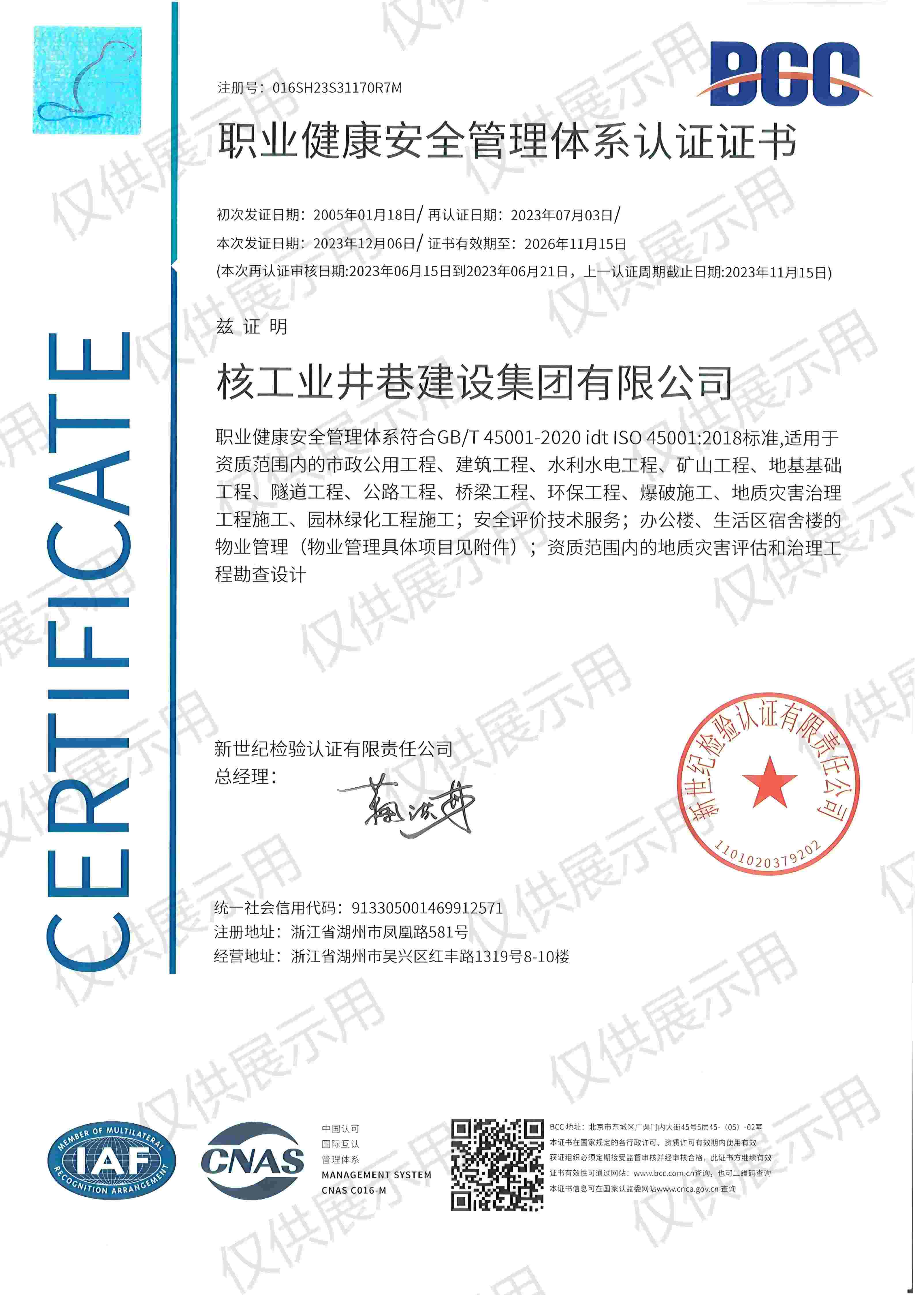 職業(yè)健康安全管理體系證書